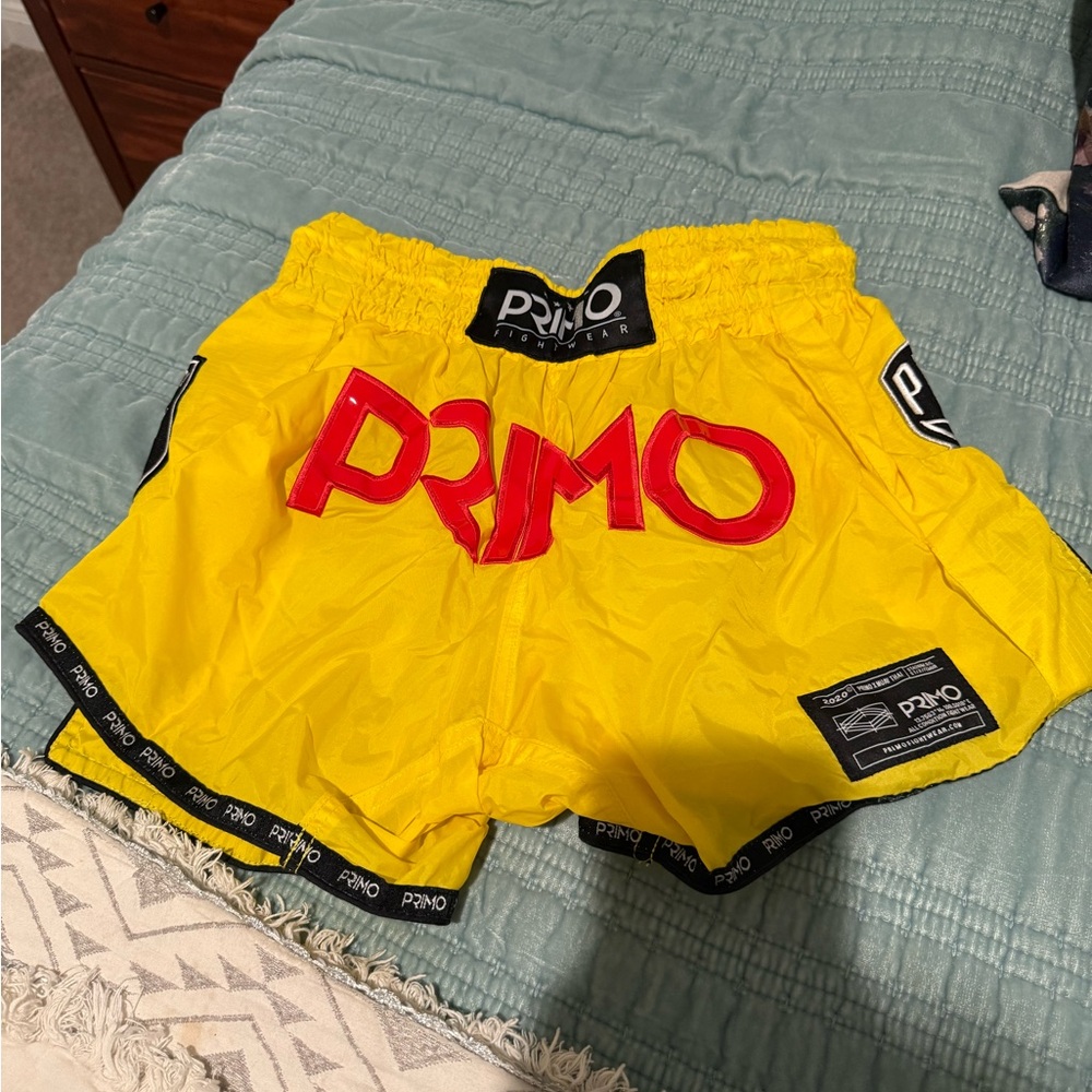 Primo Muy Thai Women's Yellow Athletic Shorts with Red Logo
